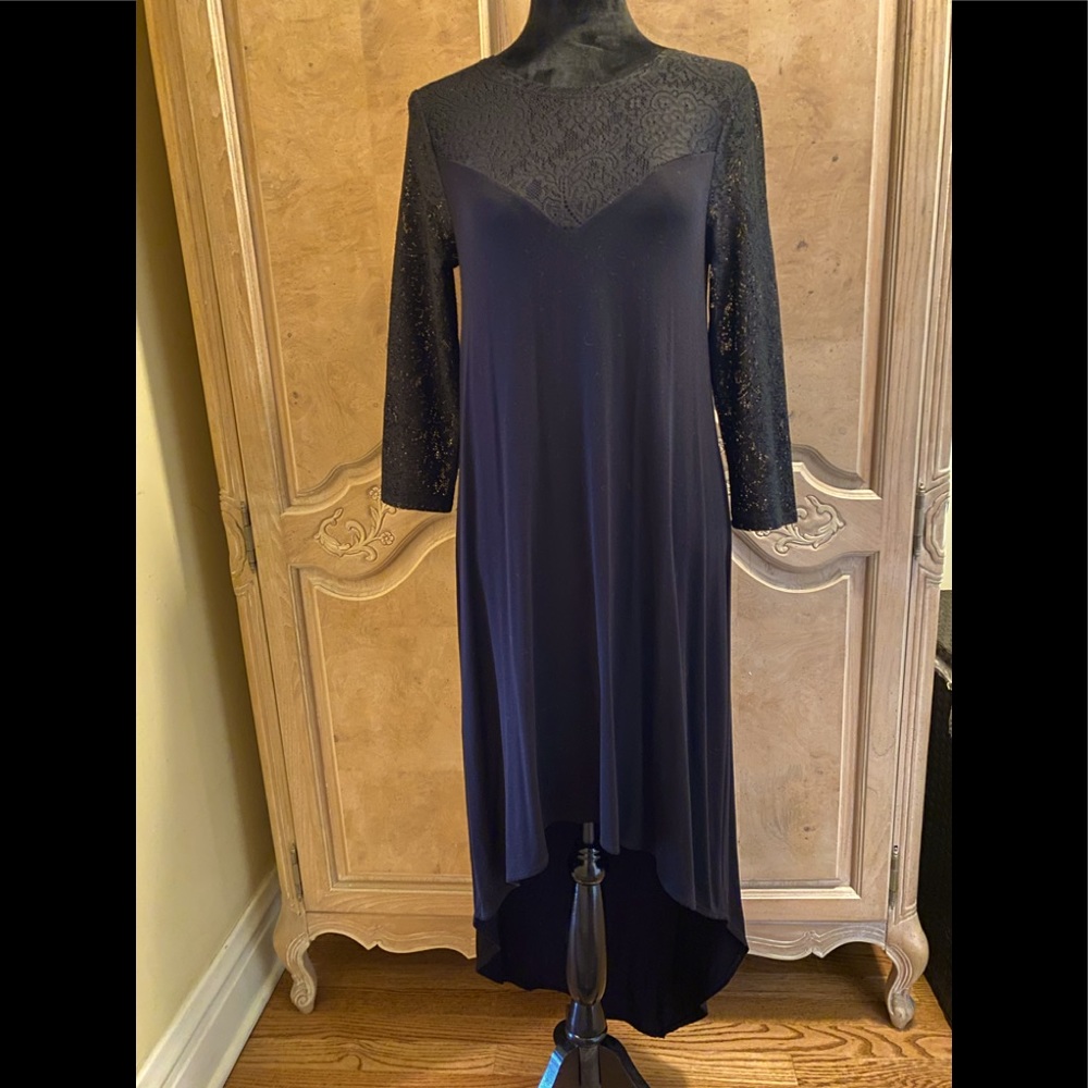 BCBG MAXAZRIA black dress with lace top and sleeves. High / low style very chic